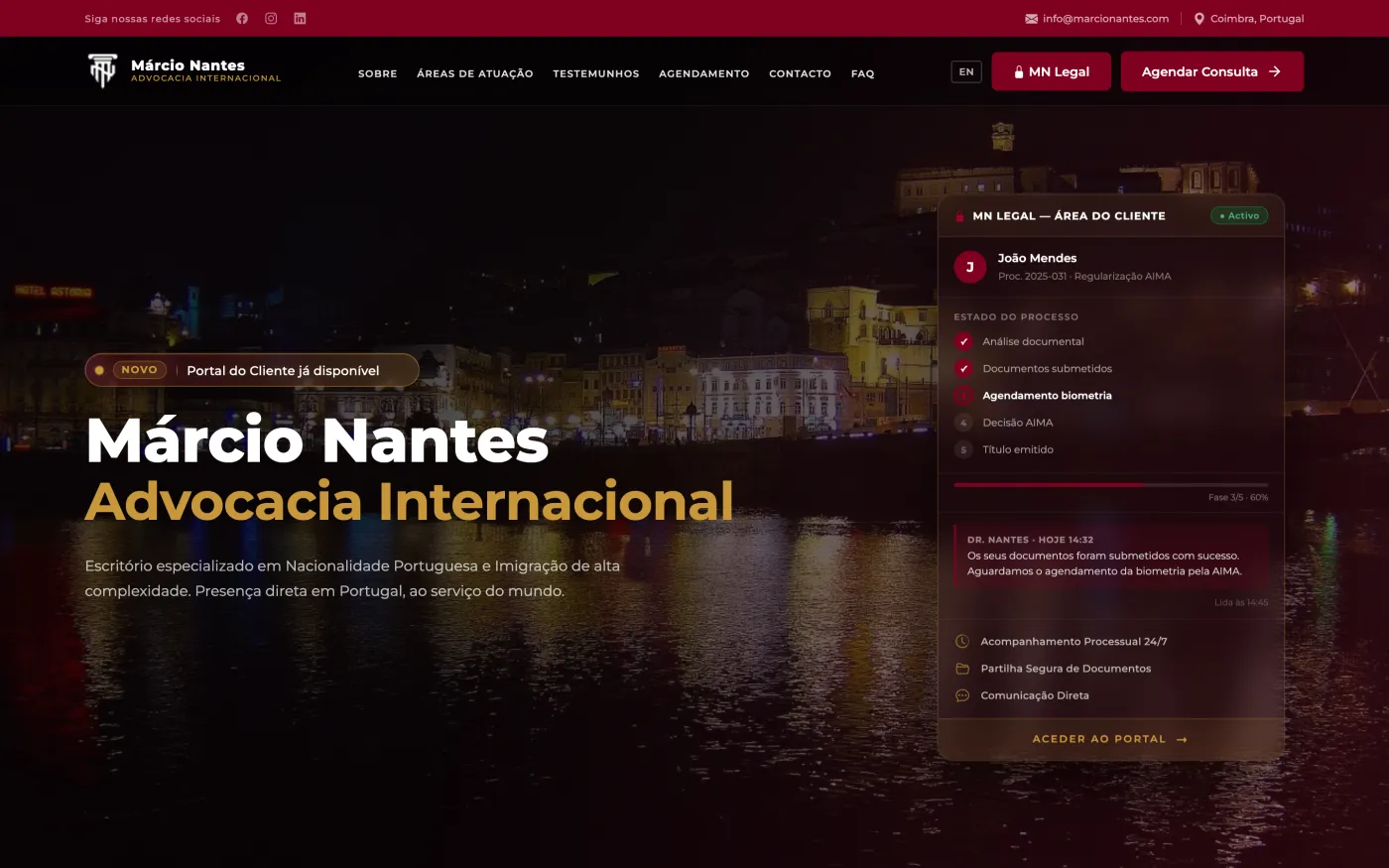 Site Márcio Nantes — Advocacia Internacional: página inicial, com o cartão de acompanhamento do Portal do Cliente