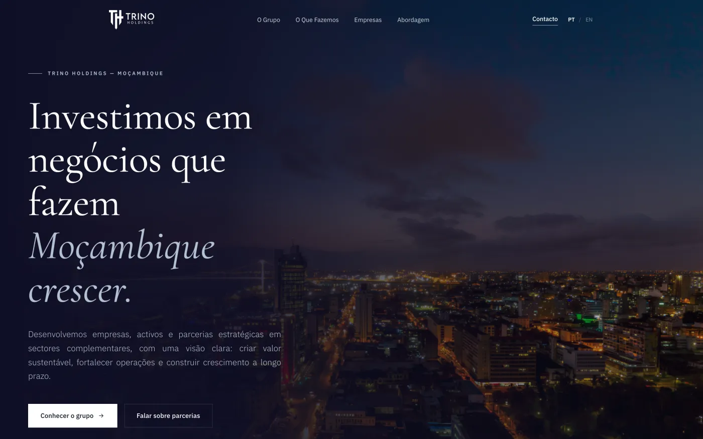 Página inicial da Trino Holdings: identidade e posicionamento institucional